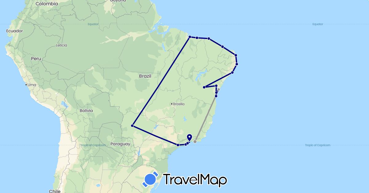 TravelMap itinerary: driving, plane in Brazil (South America)